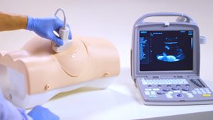 Paracentesis Trainer with ultrasound technology to support core medical training in diagnostic and therapeutic techniques.