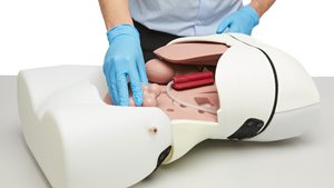 Anatomically accurate Abdominal Examination Trainer that can be used to teach and practice palpation, auscultation, and percussion elements of abdominal exams.