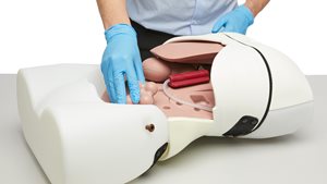 Anatomically accurate Abdominal Examination Trainer that can be used to teach and practice palpation, auscultation, and percussion elements of abdominal exams.